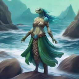 A female druid sea elf were-tortle standing on a rocky shore with waves crashing behind her