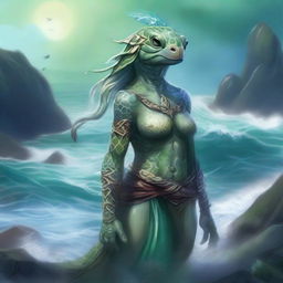 A female druid sea elf were-tortle standing on a rocky shore with waves crashing behind her