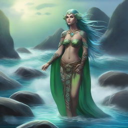 A female druid sea elf were-tortle standing on a rocky shore with waves crashing behind her