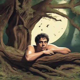 An ultra-realistic close-up of an athletic young man lying flat on his back on an altar made from a giant tree stump