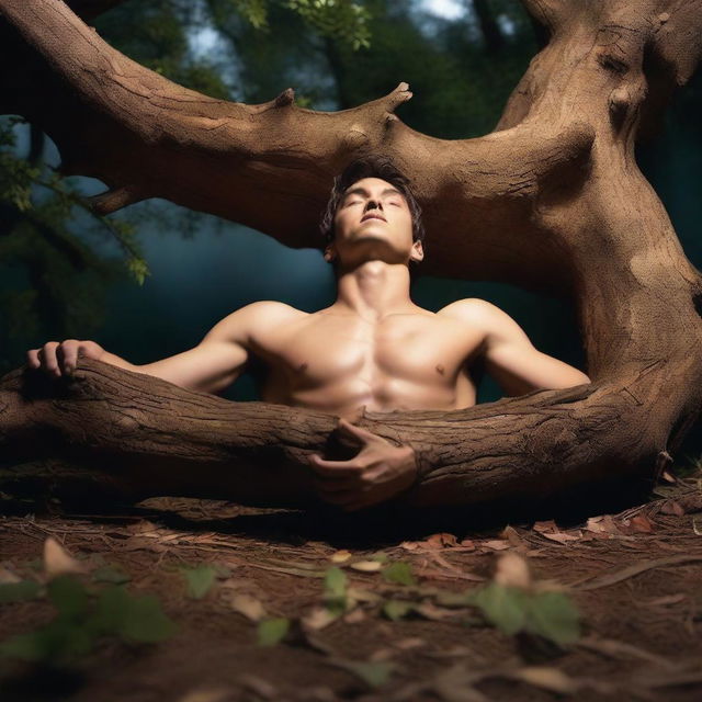 An ultra-realistic close-up of an athletic young man lying flat on his back on an altar made from a huge tree stump