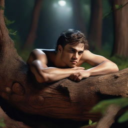 An ultra-realistic close-up of an athletic young man lying flat on his back on an altar made from a huge tree stump