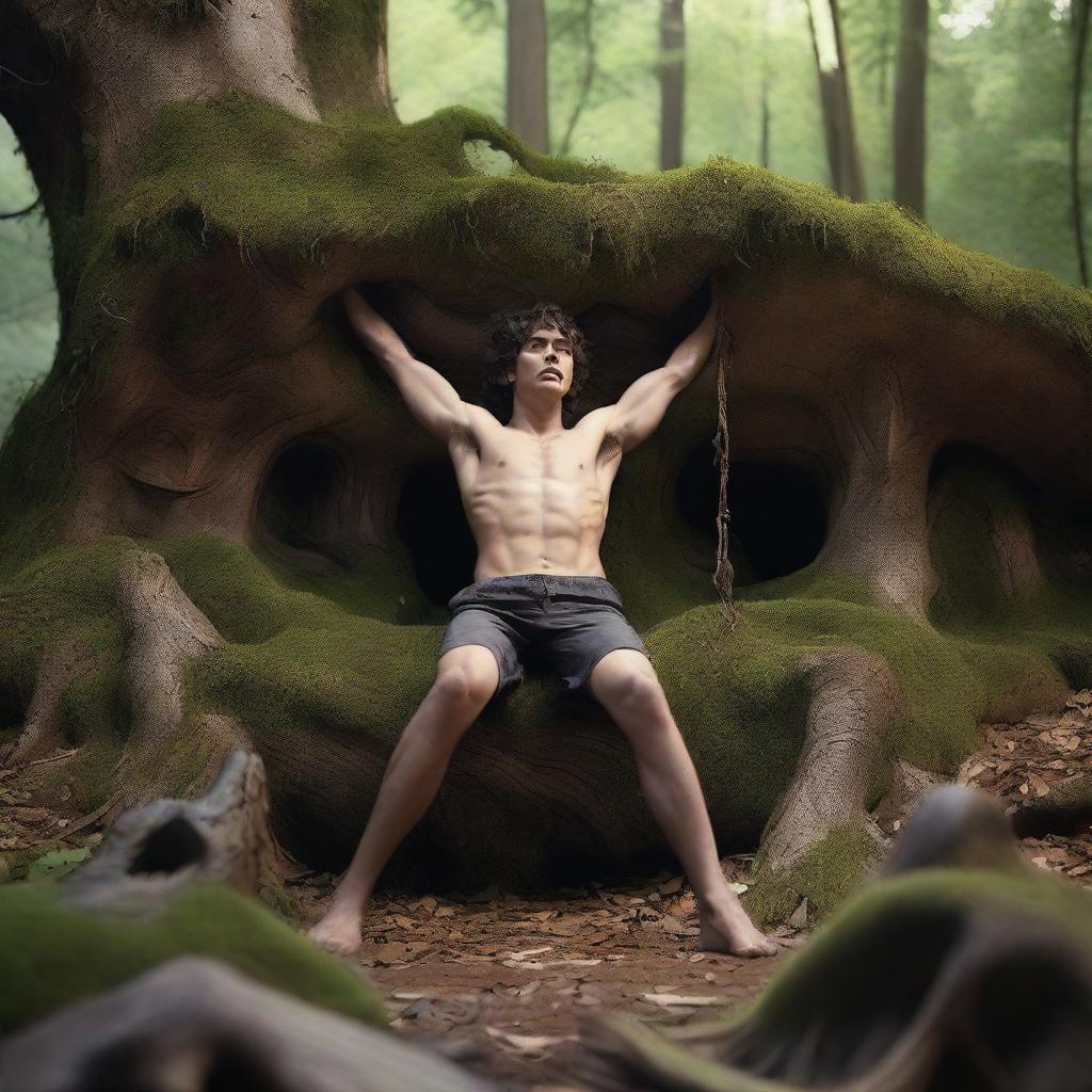 An ultra-realistic depiction of an athletic young man lying flat on his back on an altar made from a giant tree stump