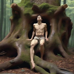 An ultra-realistic depiction of an athletic young man lying flat on his back on an altar made from a giant tree stump