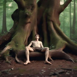 An ultra-realistic depiction of an athletic young man lying flat on his back on an altar made from a giant tree stump