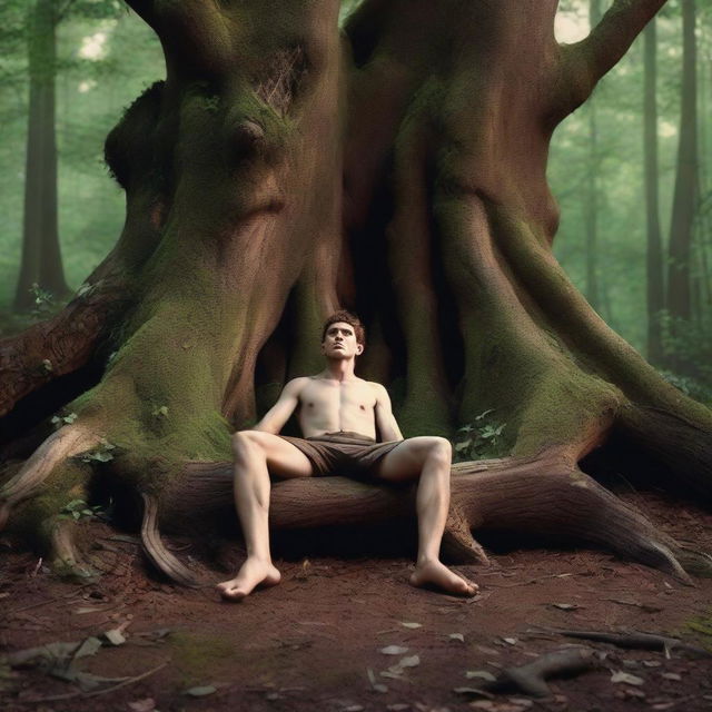 An ultra-realistic depiction of an athletic young man lying flat on his back on an altar made from a giant tree stump