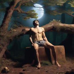 A sexy athletic young man lies flat on his back on a giant tree stump altar, tied up with vines