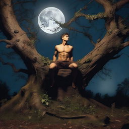 A sexy athletic young man lies flat on his back on a giant tree stump altar, tied up with vines