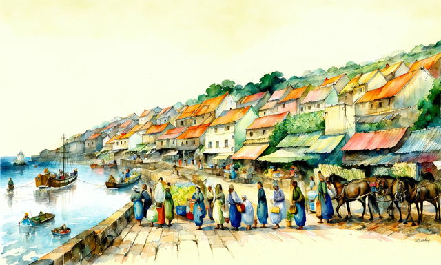 A watercolour storyboard's second act featuring a vibrant village nestled beside serene harbour waters below a cliff, filled with fishermen, robust wives, children, horses, donkeys and peddlers.