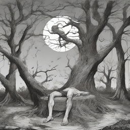 A young man lies flat on his back on a giant tree stump altar, bound and tied up with vines