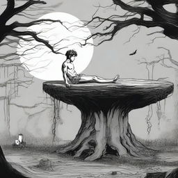 A young man lies flat on his back on a giant tree stump altar, bound and tied up with vines