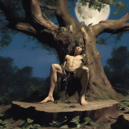 A young man lies flat on his back on a giant tree stump altar, bound and tied up with vines