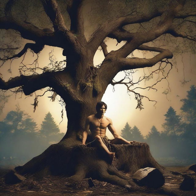 A young man lies flat on his back on a giant tree stump altar, bound and tied up with vines