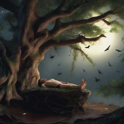 A young man lies flat on his back on a giant tree stump altar, bound and tied up with vines