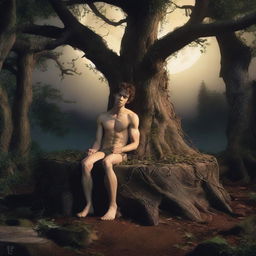 A young man lies flat on his back on a giant tree stump altar, bound and tied up with vines