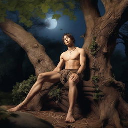 A sexy young man lies flat on his back on a giant tree stump altar, bound and tied up with vines