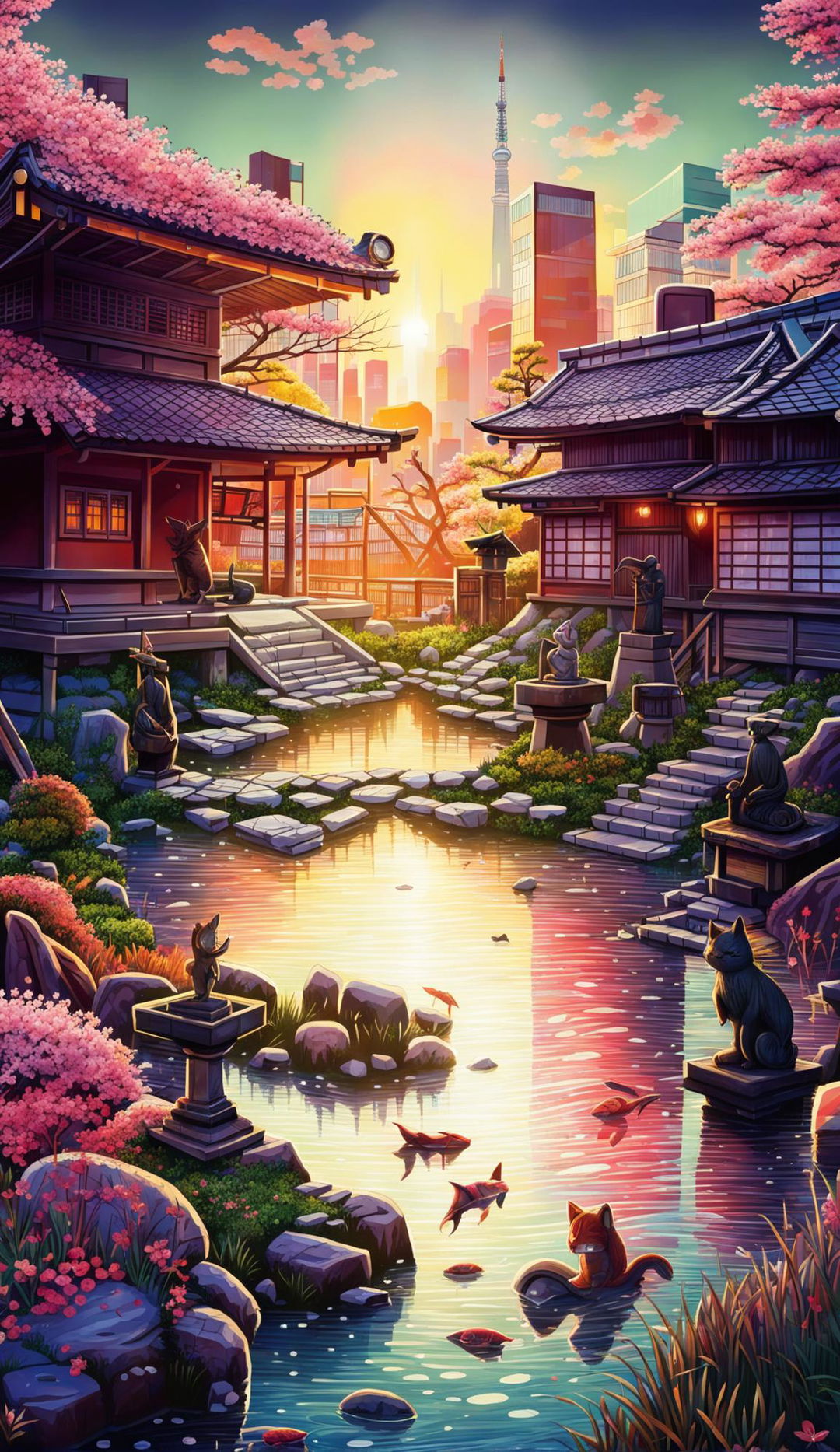 A digital art of traditional Japanese garden with tea house and cherry blossoms in foreground, Shinto shrine in middle ground, and modern cityscape with Tokyo Tower in background.