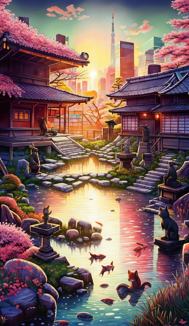A digital art of traditional Japanese garden with tea house and cherry blossoms in foreground, Shinto shrine in middle ground, and modern cityscape with Tokyo Tower in background.
