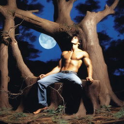 A sexy young man lies flat on his back on a giant tree stump altar, bound and tied up with vines