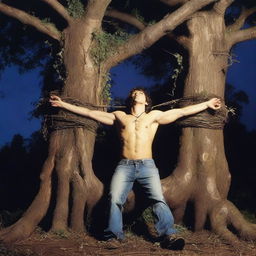 A sexy young man lies flat on his back on a giant tree stump altar, bound and tied up with vines