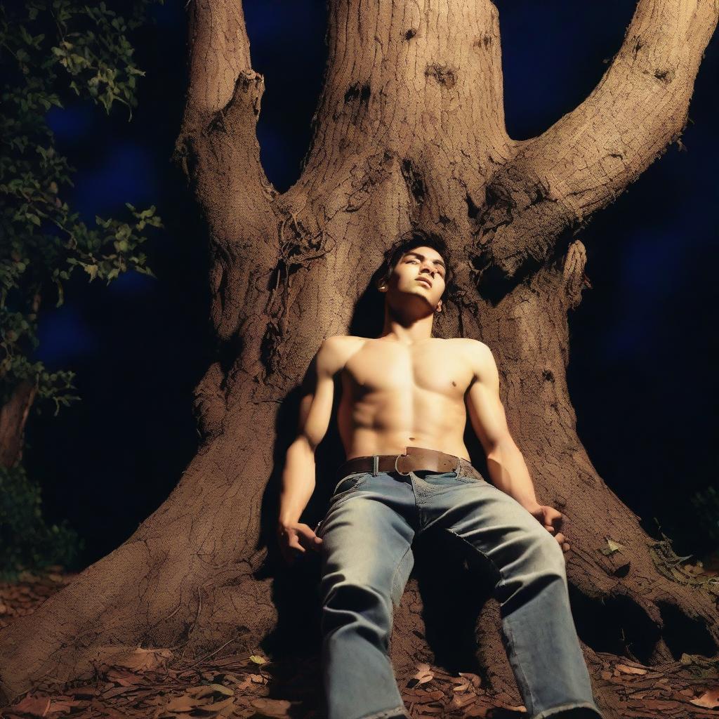 A sexy young man lies flat on his back on a giant tree stump altar, bound and tied up with vines