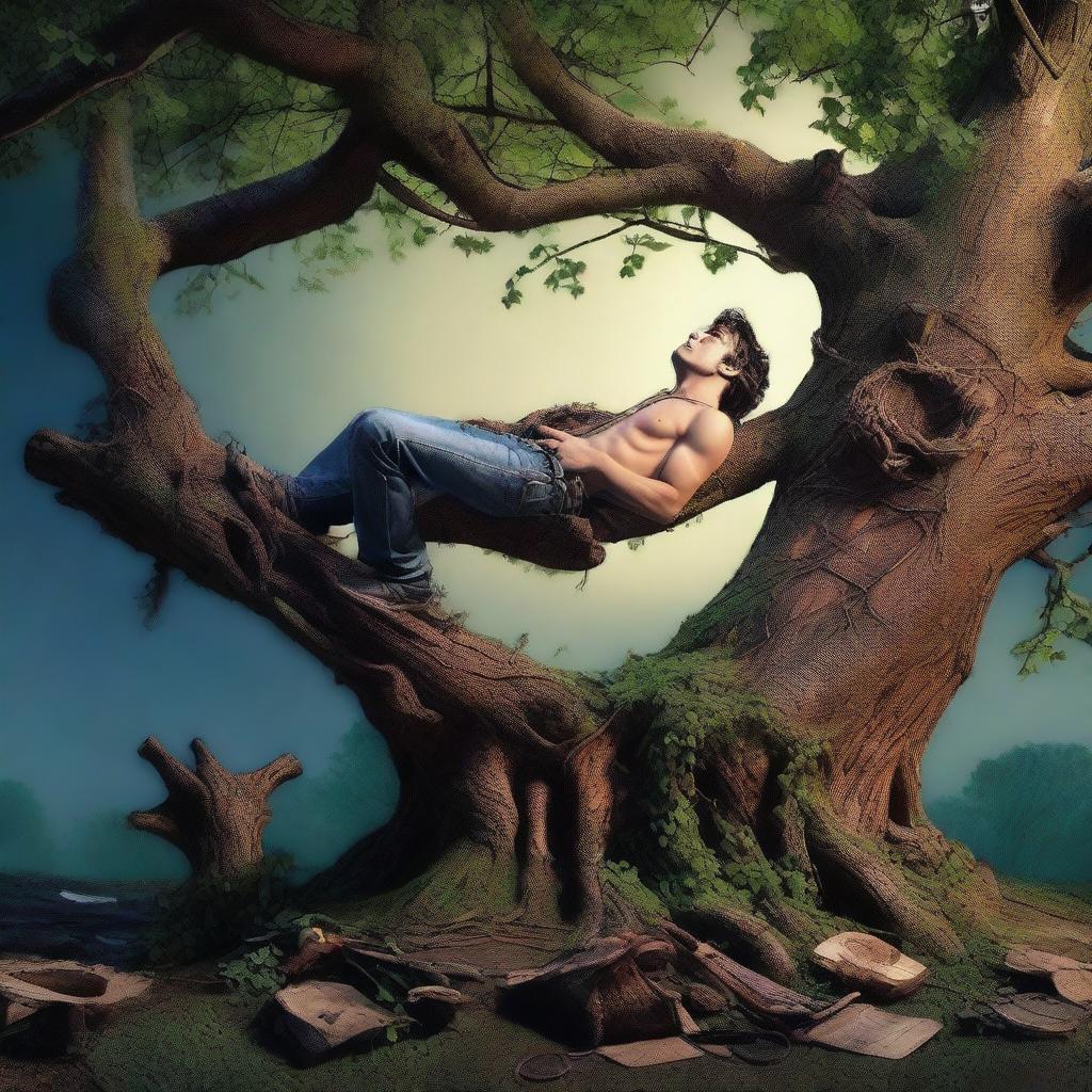 A sexy young man lies flat on his back on a giant tree stump altar, bound and tied up with vines