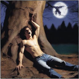 A horror scene featuring a sexy young man lying flat on his back, tied up with vines to a giant tree stump altar