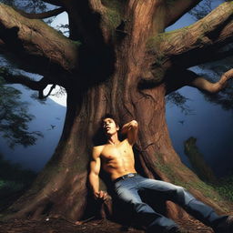 A horror scene featuring a sexy young man lying flat on his back, tied up with vines to a giant tree stump altar