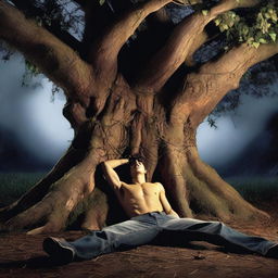 A horror scene featuring a sexy young man lying flat on his back, tied up with vines to a giant tree stump altar