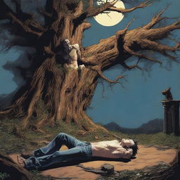 A horror scene featuring a young man lying flat on his back, tied up with vines to a giant tree stump used as an altar