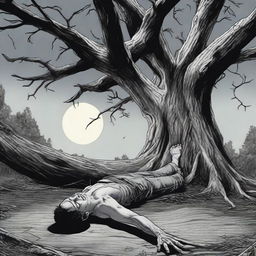 A horror scene featuring a young man lying flat on his back, tied up with vines to a giant tree stump used as an altar