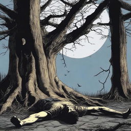 A horror scene featuring a young man lying flat on his back, tied up with vines to a giant tree stump used as an altar