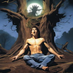 A horror scene featuring a young man lying flat on his back, tied up with vines to a giant tree stump used as an altar