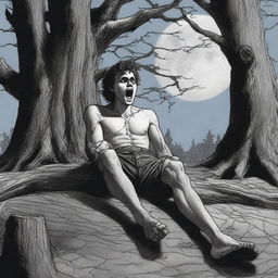 A horror scene featuring a young man lying flat on his back, tied up with vines to a giant tree stump used as an altar