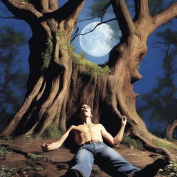 A horror scene featuring a young man lying flat on his back, tied up with vines to a giant tree stump used as an altar