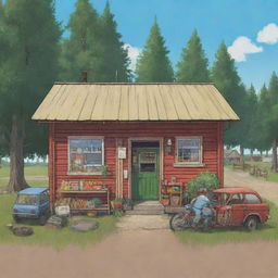 A wojak-style illustration featuring Teimo's shop from the 'My Summer Car' game. The environment should be detailed and characteristic of the video game’s rural Finnish setting.