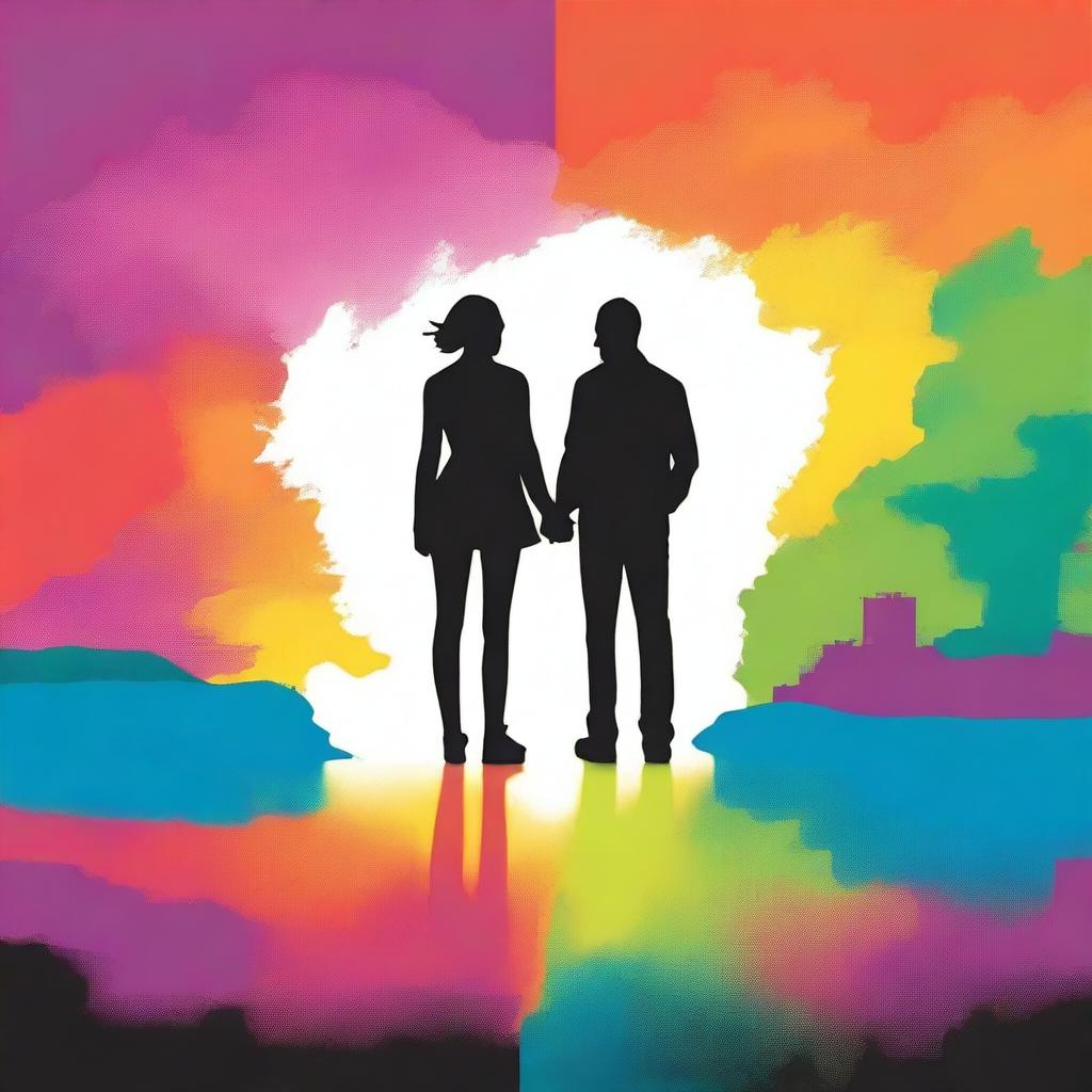 Create a colorful book cover featuring two silhouettes, one male and one female, standing back to back