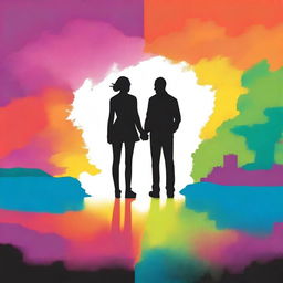 Create a colorful book cover featuring two silhouettes, one male and one female, standing back to back