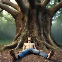 A horrifying scene featuring a young man lying flat on his back, tied up with vines to a gigantic tree stump carved into an altar