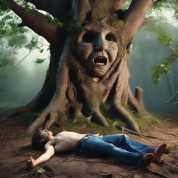 A horrifying scene featuring a young man lying flat on his back, tied up with vines to a gigantic tree stump carved into an altar