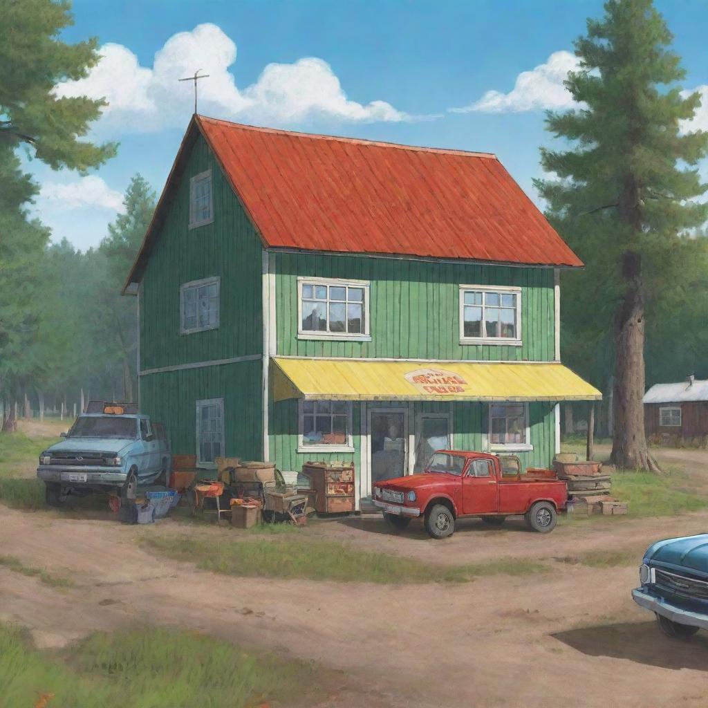 A wojak-style illustration featuring Teimo's shop from the 'My Summer Car' game. The environment should be detailed and characteristic of the video game’s rural Finnish setting.