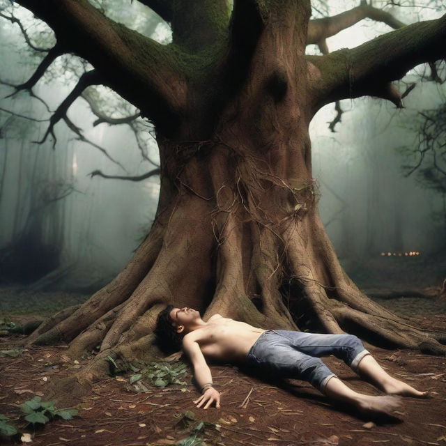 A horrifying scene featuring a young man lying flat on his back, tied up with vines to a gigantic tree stump carved into an altar