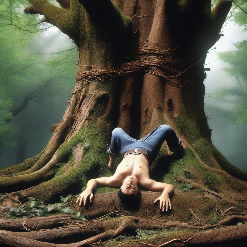 A horrifying scene featuring a young man lying flat on his back, tied up with vines on top of a gigantic tree stump carved into an altar