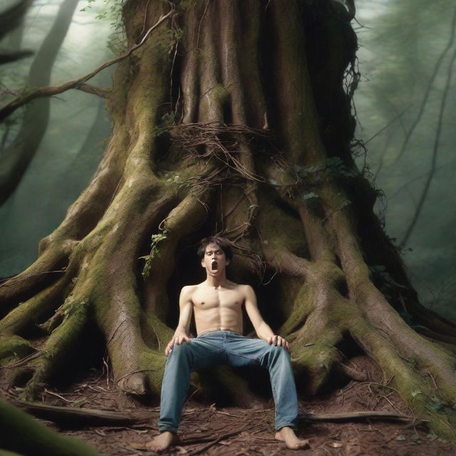 A horrifying scene featuring a young man lying flat on his back, tied up with vines on top of a gigantic tree stump carved into an altar