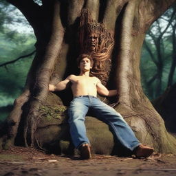 A horrifying scene featuring a young man lying flat on his back, tied up with vines on top of a gigantic tree stump carved into an altar