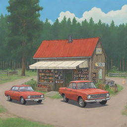 A wojak-style illustration featuring Teimo's shop from the 'My Summer Car' game. The environment should be detailed and characteristic of the video game’s rural Finnish setting.