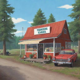 A wojak-style illustration featuring Teimo's shop from the 'My Summer Car' game. The environment should be detailed and characteristic of the video game’s rural Finnish setting.