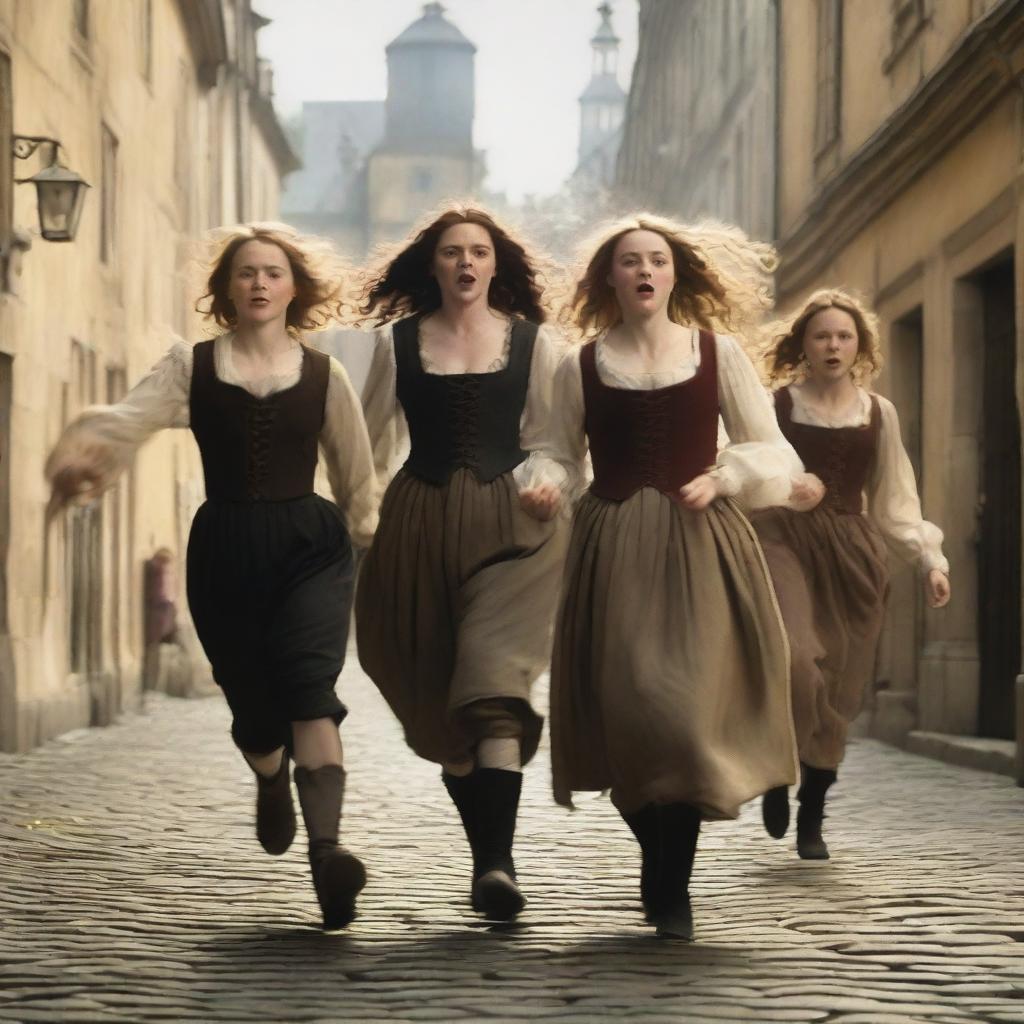 Two teen girls and a teen boy are running frantically from an angry mob in the 17th century