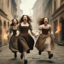 Two teen girls and a teen boy are running frantically from an angry mob in the 17th century