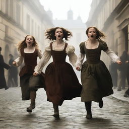 Two teen girls and a teen boy are running frantically from an angry mob in the 17th century